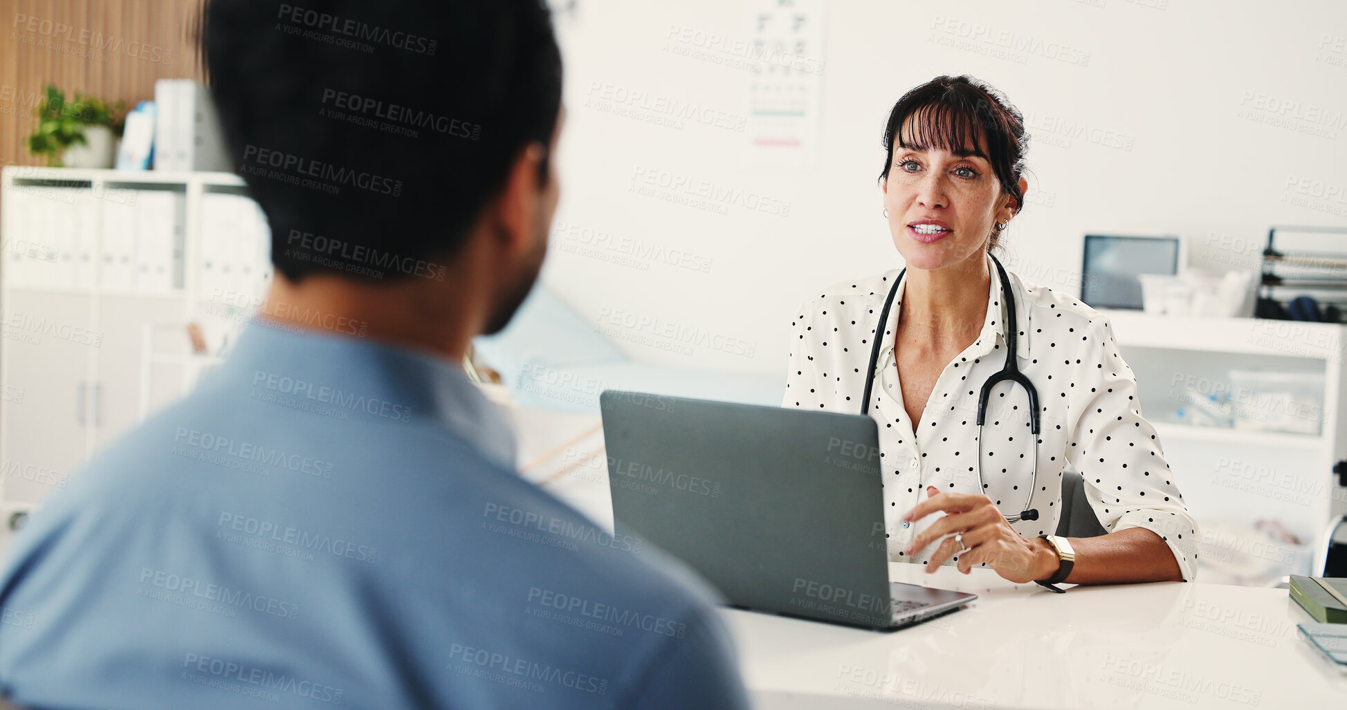 Buy stock photo Consultation, doctor or patient with laptop in office, healthcare service or appointment for checkup. Medical history, discussion or woman gp with client for wellness assessment, pc or ask question