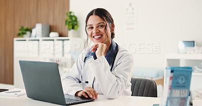 Buy stock photo Woman, laptop and portrait of doctor in hospital for telehealth advisor, about us and smile. Medical professional, opportunity and online physician with person in clinic for healthcare