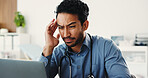 Frustrated man, doctor and headache with laptop for overworked strain or pressure in hospital. Tired, male person or medical worker with migraine on computer for stress, fatigue or burnout in clinic