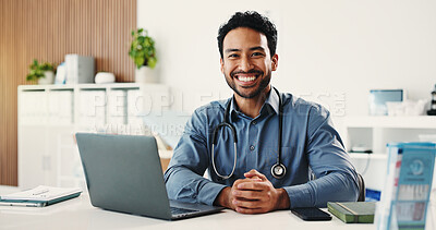 Buy stock photo Man, laptop and smile with portrait of doctor in hospital for telehealth advisor, about us and healthcare. Medical professional, opportunity and online physician with male person in clinic for advice