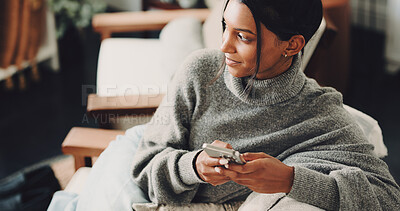 Buy stock photo Phone, thinking and relax with woman in home for social media, communication and online forum. Vision, networking app and digital chat platform with person and mobile in living room of apartment