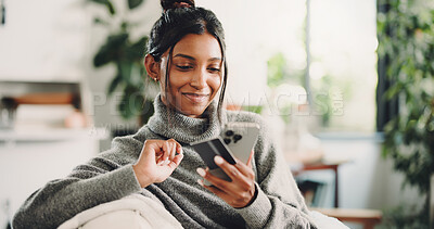 Buy stock photo House, cellphone and woman on couch, credit card and digital app for online banking. Purchase, smartphone and happy person with transactions, savings or website for subscription payment or ecommerce