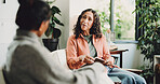 Women, therapist and talking in office, mental health and feedback for life coaching session. People, psychologist and client with conversation, anxiety and person with depression and trauma recovery