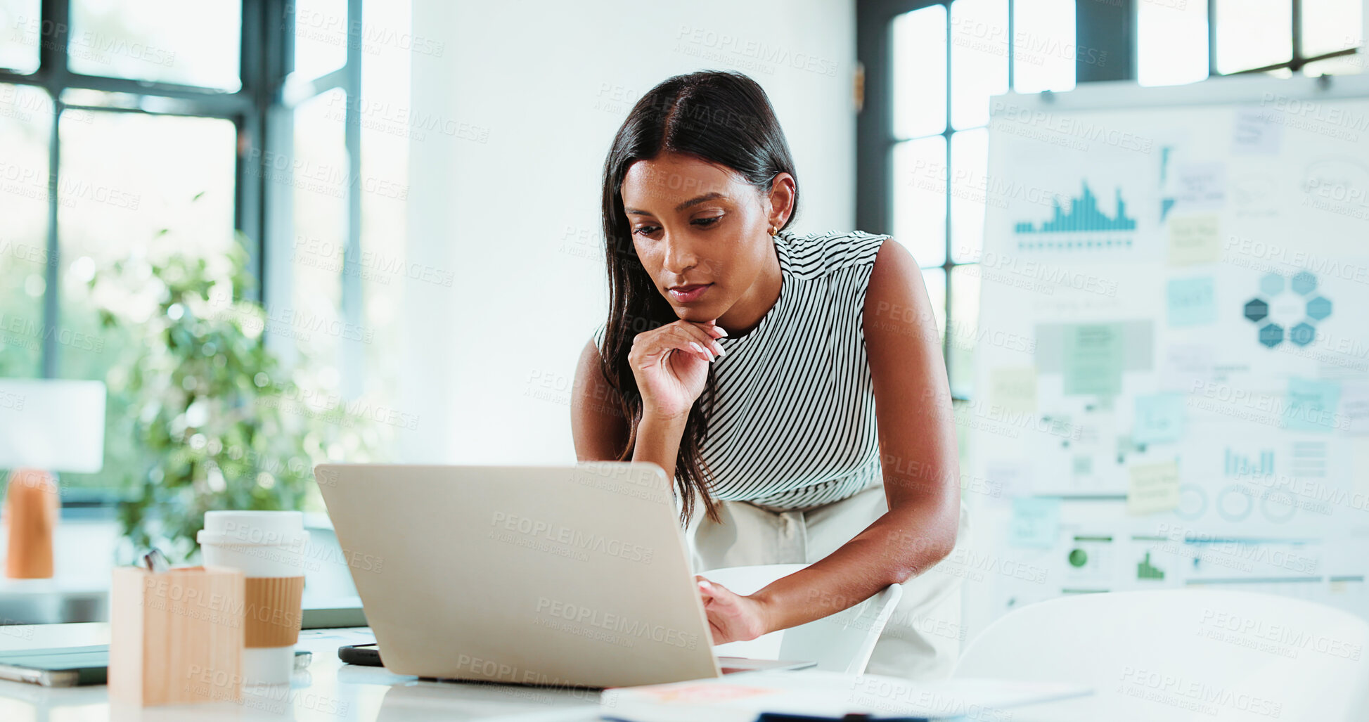 Buy stock photo Laptop, office and business woman with whiteboard for financial review, statistics or budget report. Corporate, planning and person on computer with graph, documents and research for finance analysis