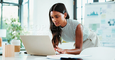 Buy stock photo Laptop, office and business woman with paperwork for financial review, statistics or budget report. Corporate, planning and person on computer with graph, documents and research for finance analysis