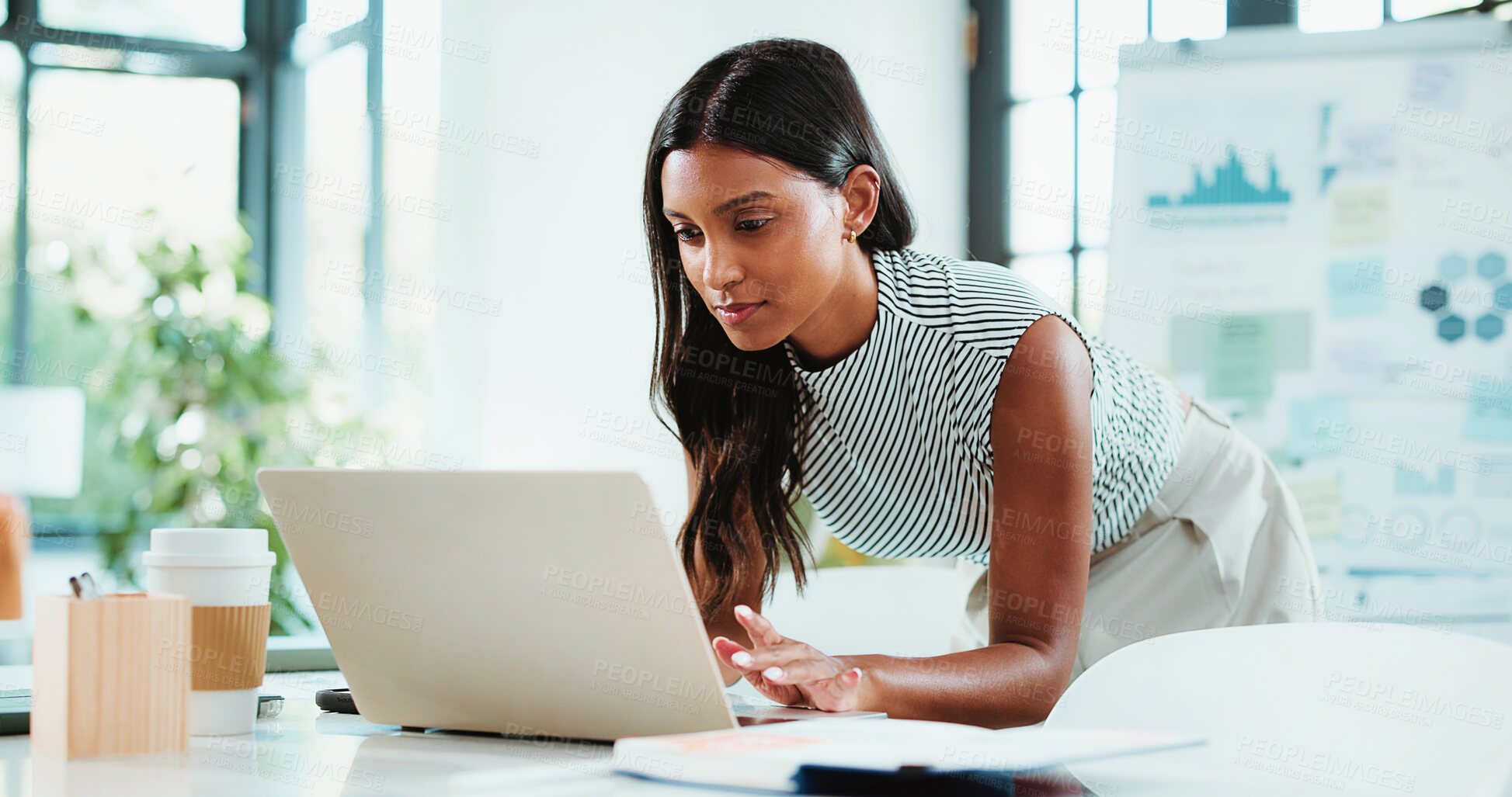 Buy stock photo Laptop, office and business woman with paperwork for financial review, statistics or budget report. Corporate, planning and person on computer with graph, documents and research for finance analysis