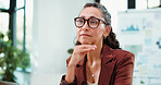 Business woman, thinking and glasses with statistics for company growth, analytics or review. Female person, financial analyst or thoughtful employee with contemplation for performance improvement
