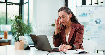 Buy stock photo Stress, headache and businesswoman in office with laptop for mistake, error or failure on finance report. Computer, migraine and mature female financial manager with fatigue for investment deal.