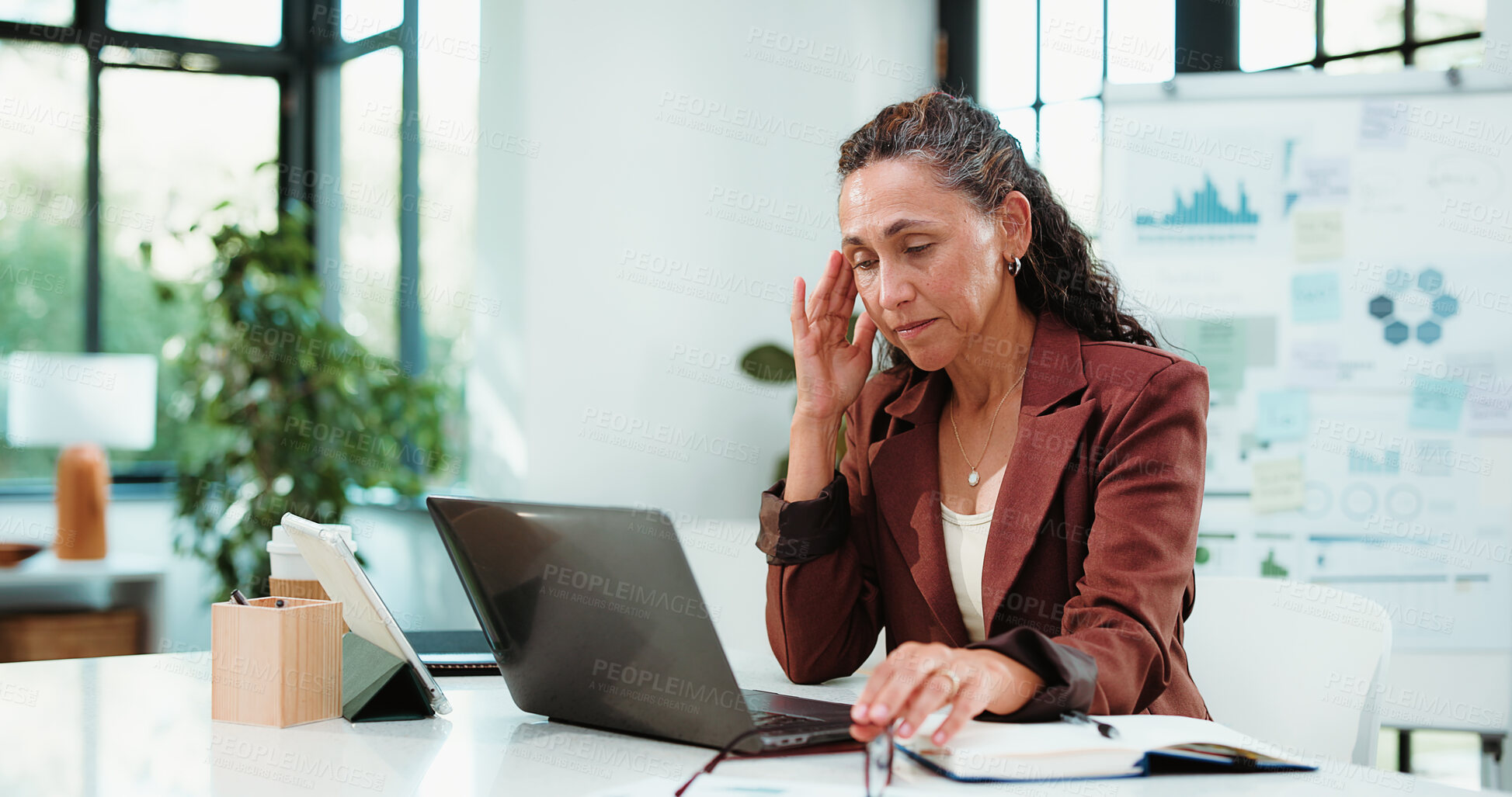 Buy stock photo Stress, headache and businesswoman in office with laptop for mistake, error or failure on finance report. Computer, migraine and mature female financial manager with fatigue for investment deal.