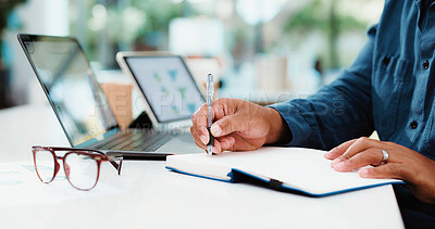 Buy stock photo Writing, business and hands of man with notebook for budget planning, project and proposal. Professional, office and worker with diary for checklist, reminder and schedule for financial report