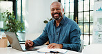 Investor, portrait and black man in office, laptop and research for trading portfolio. Mature person, financial advisor and employee with smile, pc and email for economy analysis and finance report