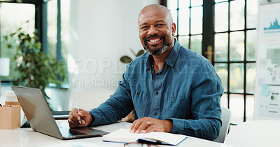 Buy stock photo Investor, portrait and black man in office, laptop and research for trading portfolio. Mature person, financial advisor and employee with smile, pc and email for economy analysis and finance report