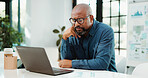 Thinking, financial advisor and black man in office, laptop and research for trading portfolio. Mature person, decision and investor with pc, solution and email for profit growth, confused and choice