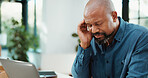 Stress, headache and black man in office with laptop for mistake, error or failure on finance report. Computer, migraine and African financial manager with fatigue for investment deal in workplace.