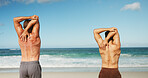 Personal trainer, arm stretching and men by beach, fitness training and warm up routine for wellness, Coach, back or people with workout activity to improve muscle mobility, posture or support by sea