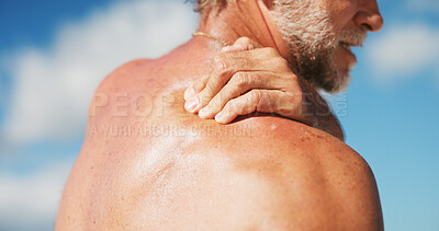 Buy stock photo Hand, shoulder pain and man outdoor with tension, inflammation or stiff joint with massage for relief. Mature male person, pressure or spasm with muscle ache, injury or body burnout in nature