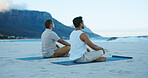 Zen, people and yoga at ocean with meditation, reflection and peaceful moment for spiritual awareness. Calm, men and wellness at beach with mindfulness, chakra alignment or relax for holistic health.
