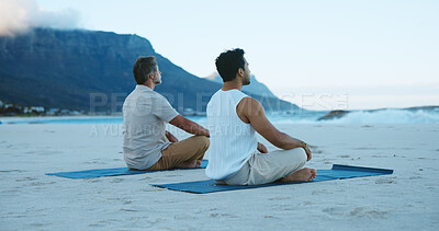 Buy stock photo Zen, people and yoga at ocean with meditation, reflection and peaceful moment for spiritual awareness. Calm, men and wellness at beach with mindfulness, chakra alignment or relax for holistic health.