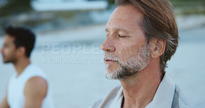 Buy stock photo Men, breathing and meditation for mindfulness, beach and routine for peace, break and stress relief. Outdoor, fresh air and people with spiritual awareness in nature, calm and inhale for wellness