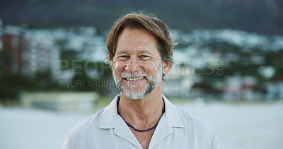 Buy stock photo Beach, portrait and man with smile, morning and vacation with health benefits, nature and wellness. Seaside, yogi and mature person with happiness, zen and weekend break with confidence in Miami