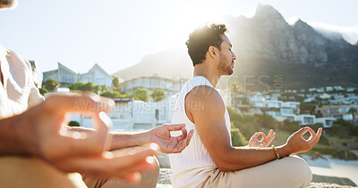 Buy stock photo Outdoor, men and meditation for wellness, yoga and mindfulness with routine for mental health or zen. People, calm and spiritual awareness in nature, stress relief and inner peace on break or healing