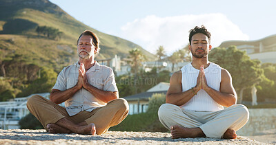 Buy stock photo Beach, yoga and men with prayer hands, meditation and nature for health benefits. Outdoor, people and yogi with balance, zen and chakra with routine, hobby and spiritual wellbeing with mudra on sand
