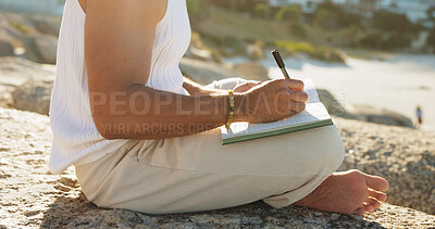 Buy stock photo Hands, outdoor and writing with journal, plan personal development and goal setting for self awareness. Daily reflection, notes and person with diary, mindfulness activity or insight for inspiration.