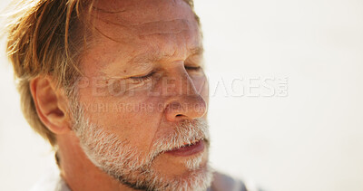 Buy stock photo Mature man, breathing and yoga outdoor with meditation, spiritual healing and mindfulness. Space, male person and reiki fitness with fresh air, holistic balance and inhale exercise for inner peace