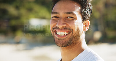 Buy stock photo Ocean, portrait and man with smile, fitness and vacation with health benefits, excited and wellness. Seaside, runner and person with exercise, happiness and break for rest and holiday in Zanzibar