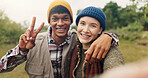 Peace sign, vlog and portrait of couple in nature for adventure, social media post and hiking explorer. Vacation photography, trekking vlogger and destination with people outdoor for honeymoon