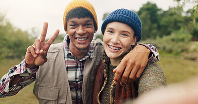 Buy stock photo Peace sign, vlog and portrait of couple in nature for adventure, social media post and hiking explorer. Vacation photography, trekking vlogger and destination with people outdoor for honeymoon