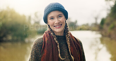 Buy stock photo Travel, smile and portrait of woman in nature for hiking hobby, adventure and peace. Happy, vacation and eco tourism explore with female person outdoor for trekking, wilderness and holiday break