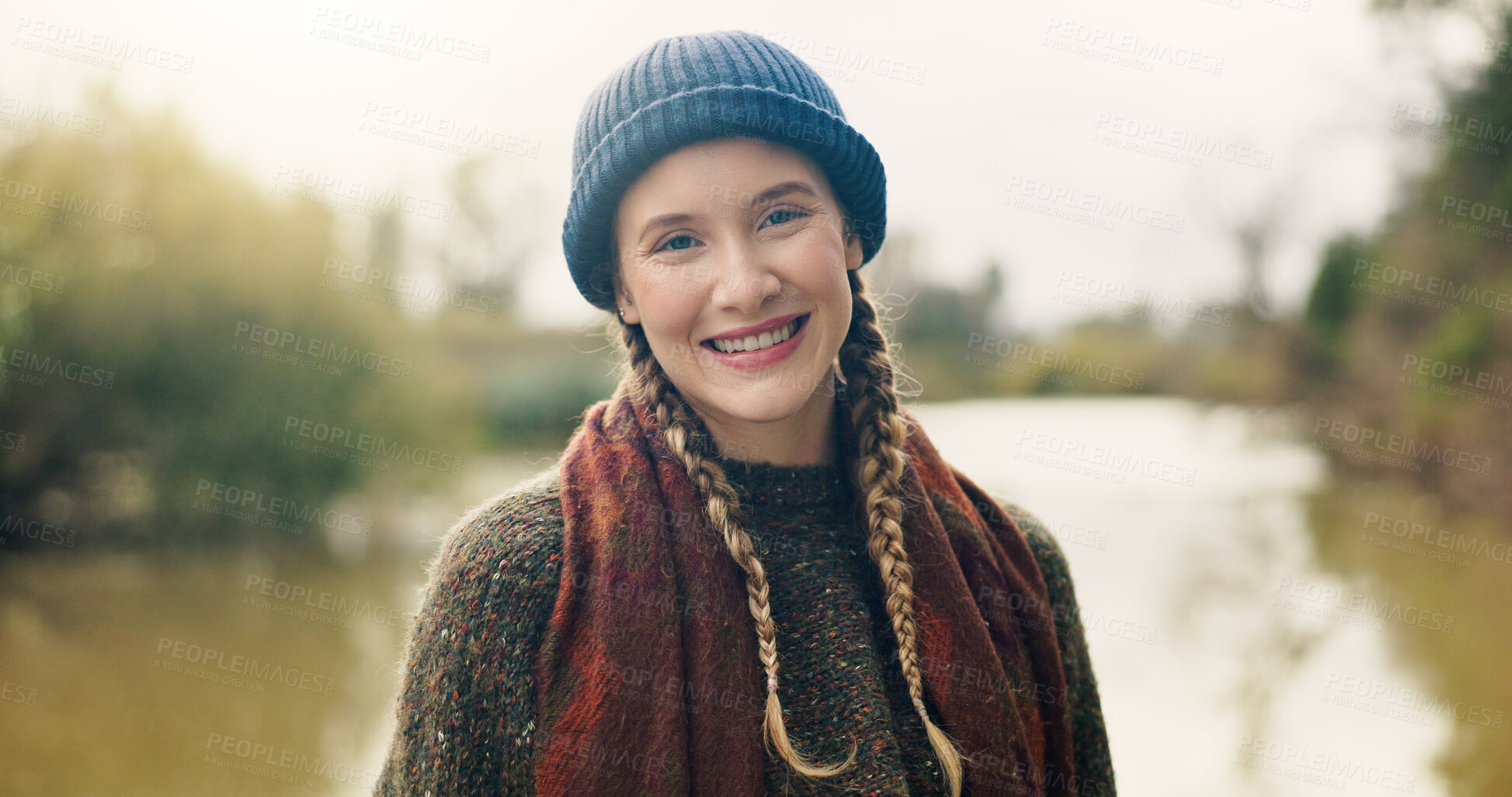Buy stock photo Travel, smile and portrait of woman in nature for hiking hobby, adventure and peace. Happy, vacation and eco tourism explore with female person outdoor for trekking, wilderness and holiday break
