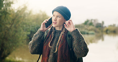 Buy stock photo Hiking, woman and confused with phone call for no signal, bad connection and lost network on trip. Travel adventure, backpacker and listening to contact at lake with service error or reception glitch