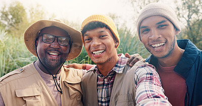 Buy stock photo Travel, happy and selfie with friends in nature for adventure, social media post and hiking explorer. Vacation photography, trekking vlogger and smile with people outdoor for profile picture