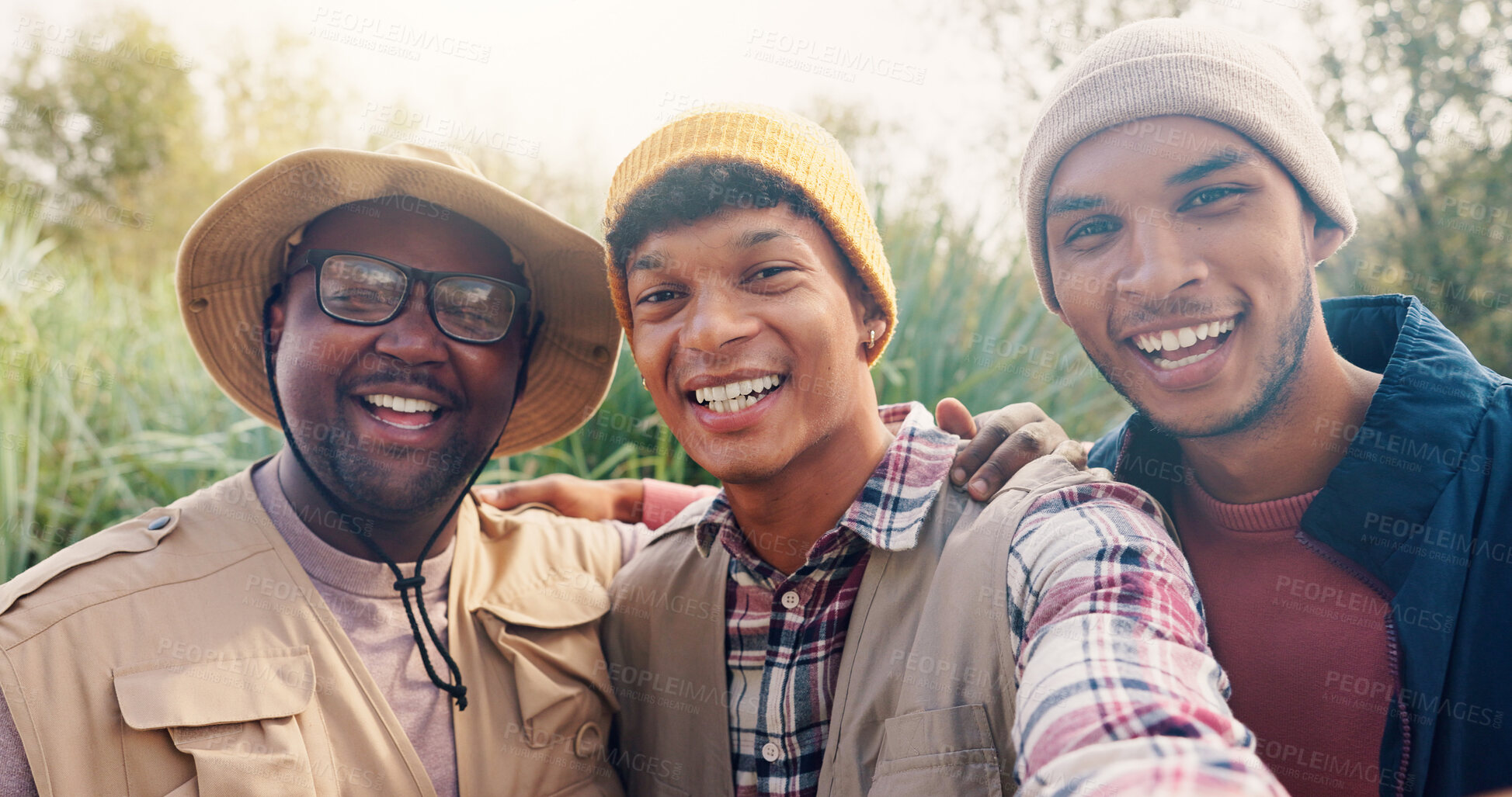 Buy stock photo Travel, happy and selfie with friends in nature for adventure, social media post and hiking explorer. Vacation photography, trekking vlogger and smile with people outdoor for profile picture