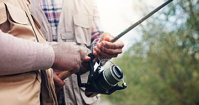 Buy stock photo Hands, friends and rod for fishing outdoor with support, casting technique and adventure. People, helping and fisherman trip with carp equipment, reel guidance and weekend hobby on vacation in nature