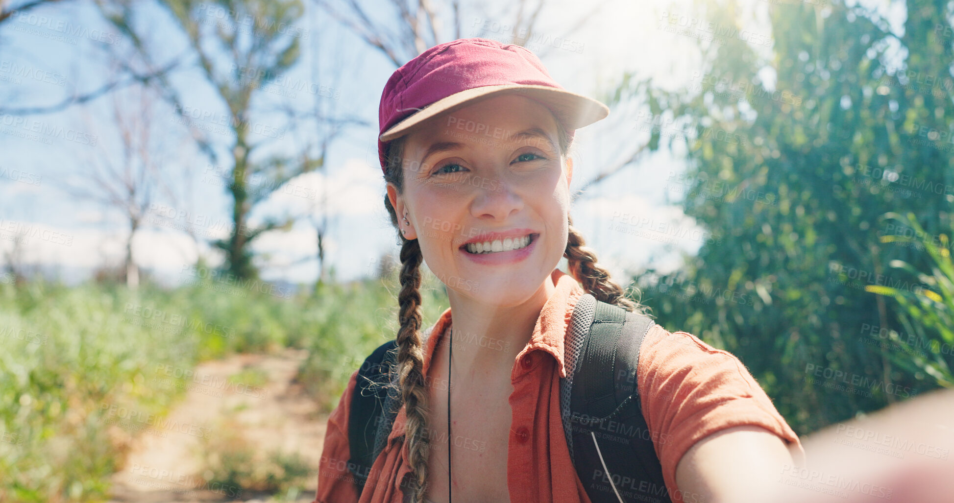 Buy stock photo Travel, hiking and selfie of woman in nature for adventure, social media post and trail explorer. Vacation photography, trekking vlogger and smile with person outdoor for profile picture and holiday
