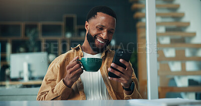 Buy stock photo Coffee, phone and black man in office with texting for creative project with publishing. Smile, cellphone and African male magazine editor with warm beverage with email for article assignment.