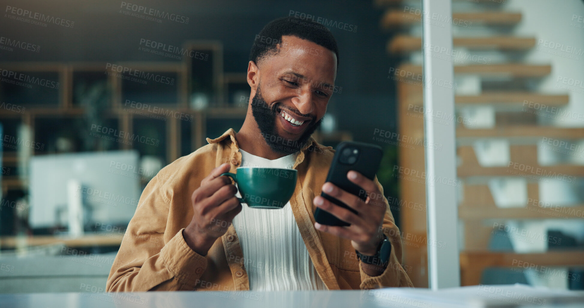 Buy stock photo Coffee, phone and black man in office with texting for creative project with publishing. Smile, cellphone and African male magazine editor with warm beverage with email for article assignment.