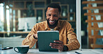 Tablet, happy and black man in office with research for creative project with email for feedback. Smile, digital technology and African male magazine editor with article for publishing in workplace.
