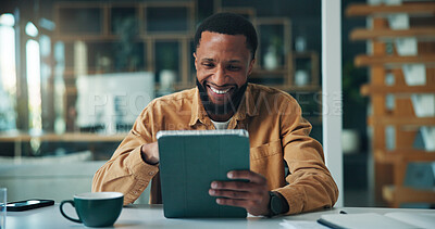 Buy stock photo Tablet, happy and black man in office with research for creative project with email for feedback. Smile, digital technology and African male magazine editor with article for publishing in workplace.