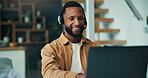 Black man, laptop and headset with remote work from home, typing and happy for online meeting. Person, computer and virtual assistant with contact, smile and feedback with freelance job at house