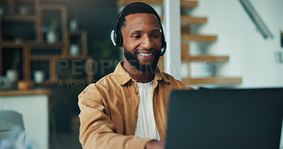 Buy stock photo Black man, laptop and headset with remote work from home, typing and happy for online meeting. Person, computer and virtual assistant with contact, smile and feedback with freelance job at house