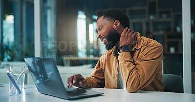 Buy stock photo Black man, laptop and neck pain with remote work from home, stress and injury with muscle fatigue. Person, computer and freelance writer with inflammation, frustrated and burnout with job at house