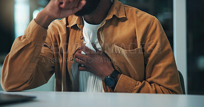 Buy stock photo Man, hands and chest pain in office with heart attack symptoms, respiratory issue or problem at night. Sick, person and discomfort in workplace with asthma, breathing difficulty or risk of pneumonia.