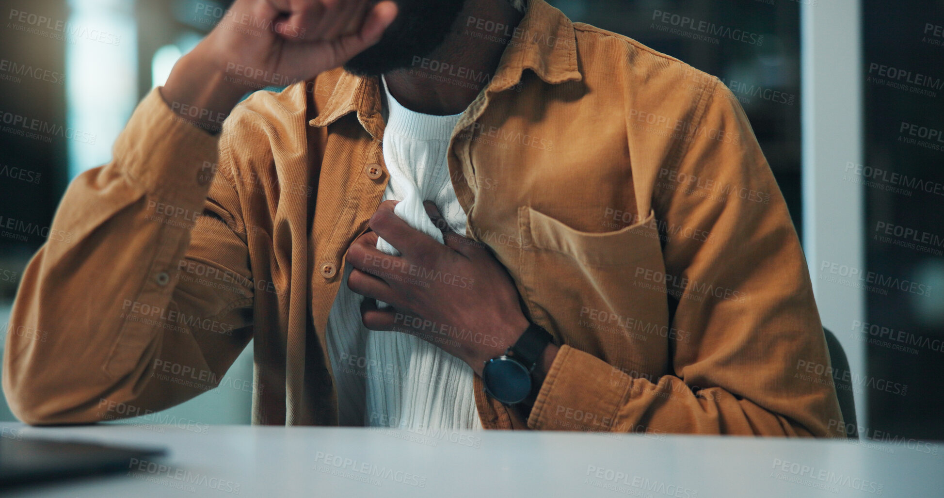 Buy stock photo Man, hands and chest pain in office with heart attack symptoms, respiratory issue or problem at night. Sick, person and discomfort in workplace with asthma, breathing difficulty or risk of pneumonia.