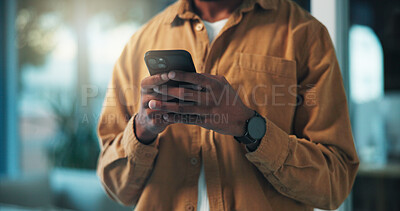 Buy stock photo Texting, online and hands with smartphone, office and communication with contact on social media app. Business, employee and person with mobile for message, typing and chat with technology on website