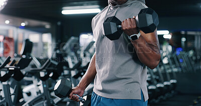 Buy stock photo Arm, dumbbell and exercise with man in gym for bodybuilding, strength training or workout routine. Fitness, space and weightlifting with bodybuilder person in health club for physical challenge