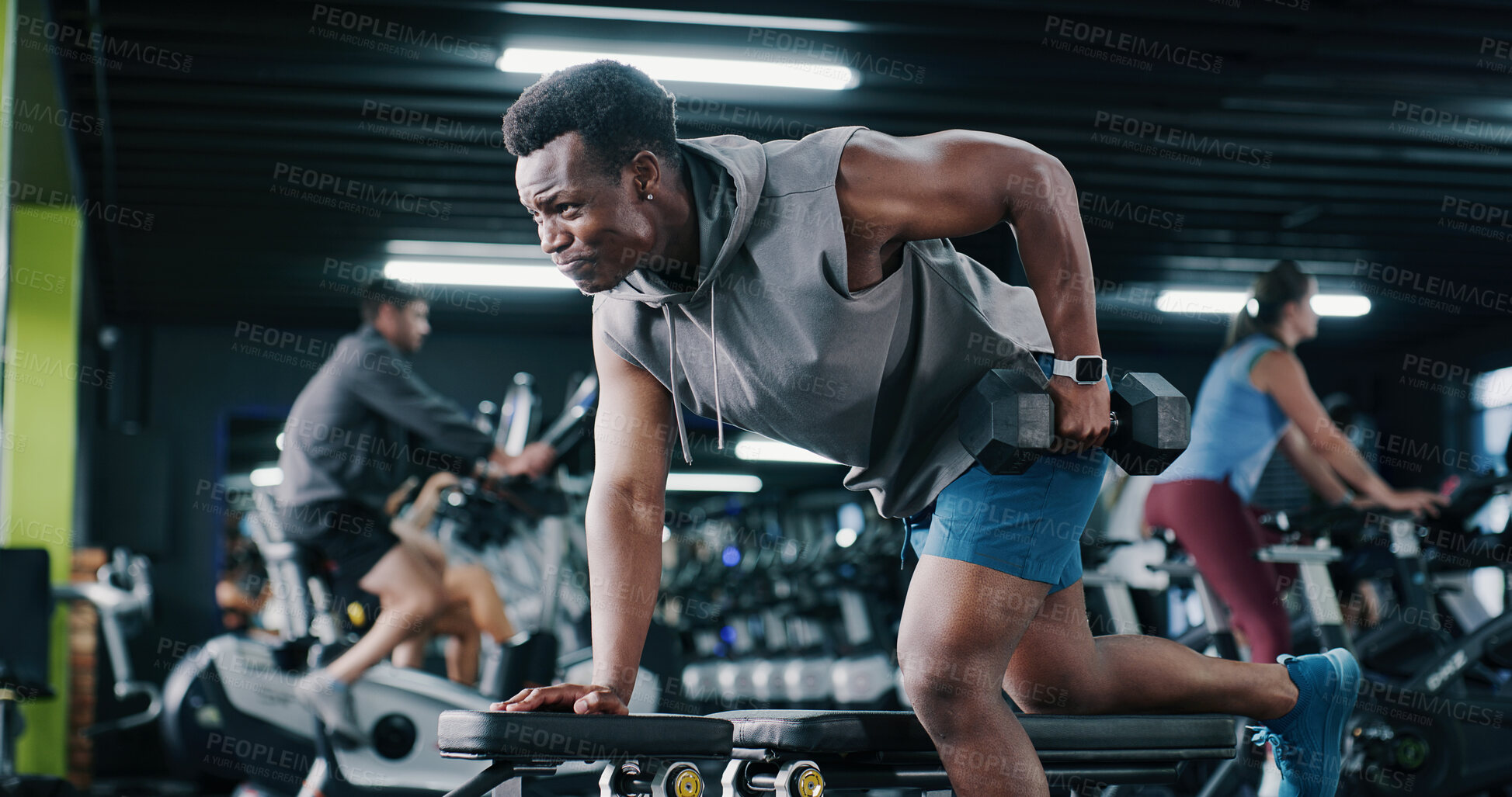 Buy stock photo Fitness, weightlifting or black man in center with dumbbell, endurance or bicep training in bodybuilding. Exercise, active or athlete with equipment, intense workout or resilience in muscle gain.